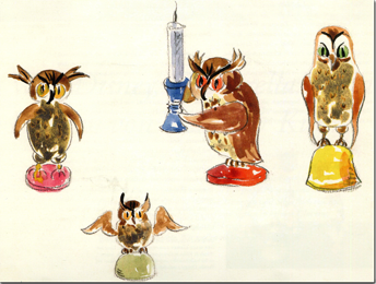 Vier fröhliche Eulen von Olly Wendt mit Bleistift gezeichnet und in Aquarelltechnik koloriert - Wendt und Kühn.